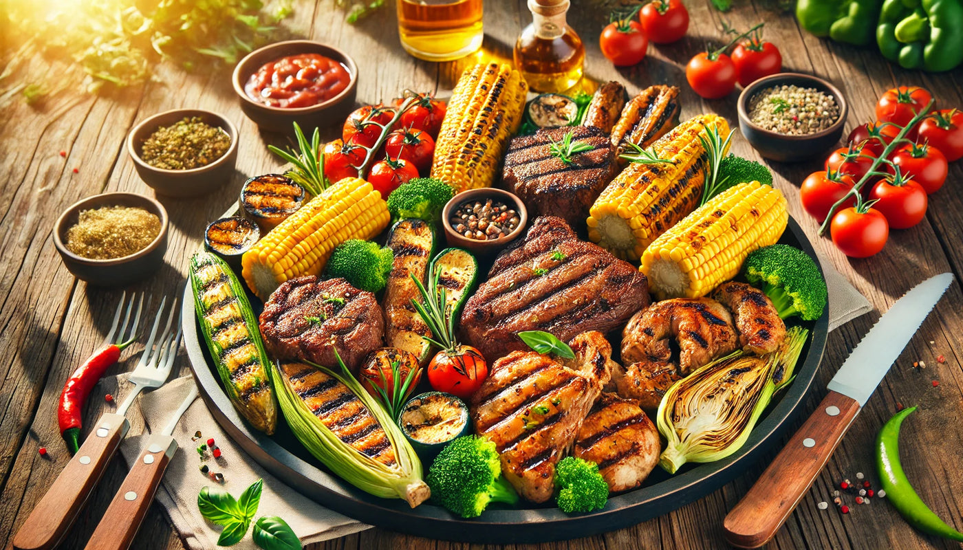 A serving platter featuring perfectly grilled steaks, chicken thighs, vibrant vegetables, and buttery corn on the cob, set outdoors on a wooden table with fresh herbs and sauces.