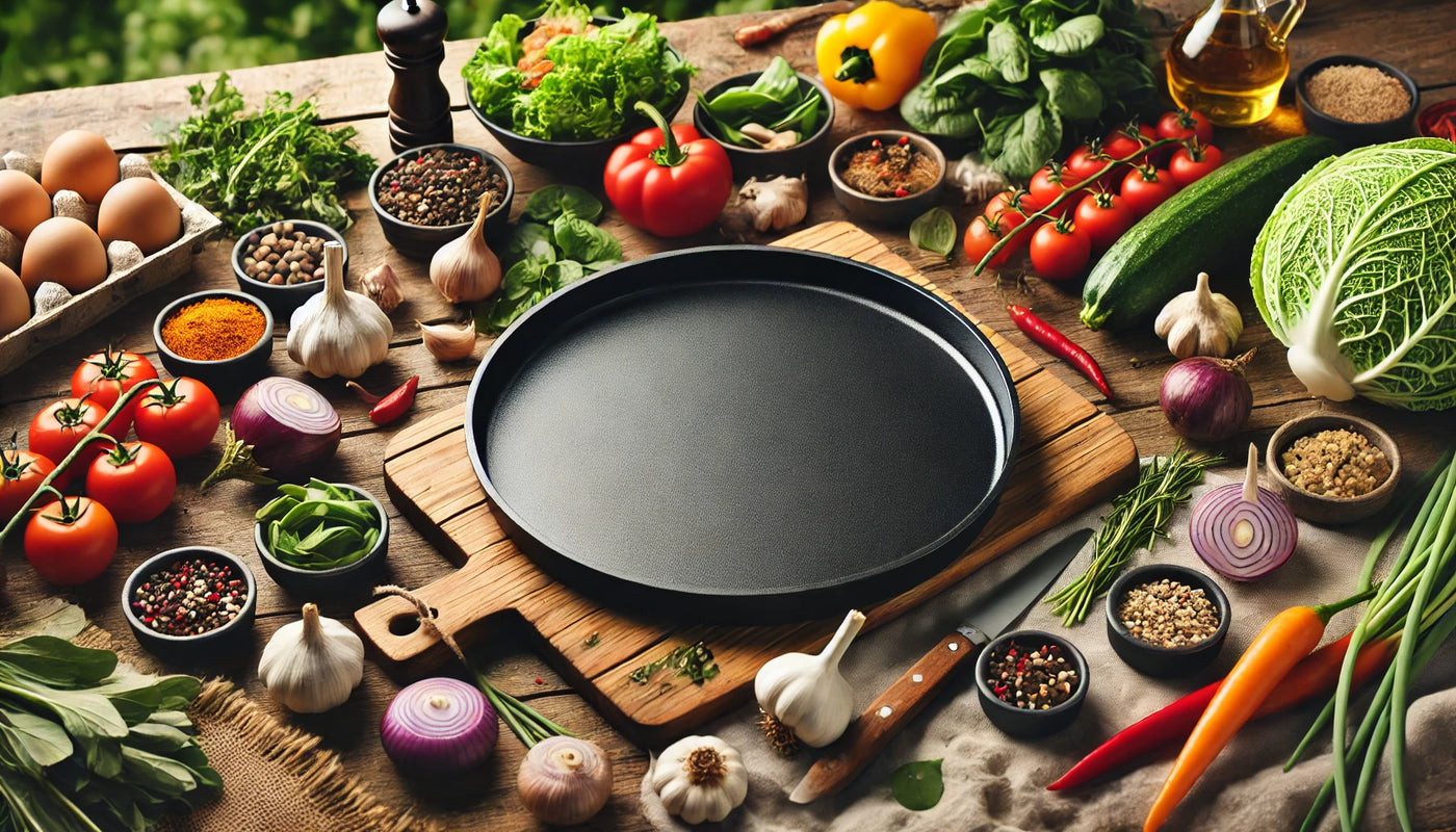 A large round black steel griddle with a smooth matte surface, surrounded by fresh vegetables, herbs, and spices, set outdoors on a wooden table.