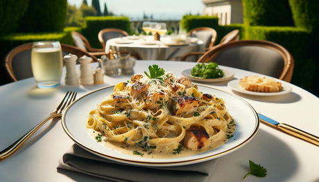 Fettuccine Alfredo, featuring darker, crispier grilled pasta and chunks of grilled chicken.