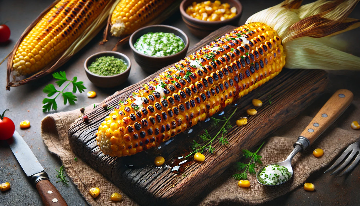 Grilled corn on the cob, charred to perfection, served with melted butter and fresh herbs on a rustic wooden board.