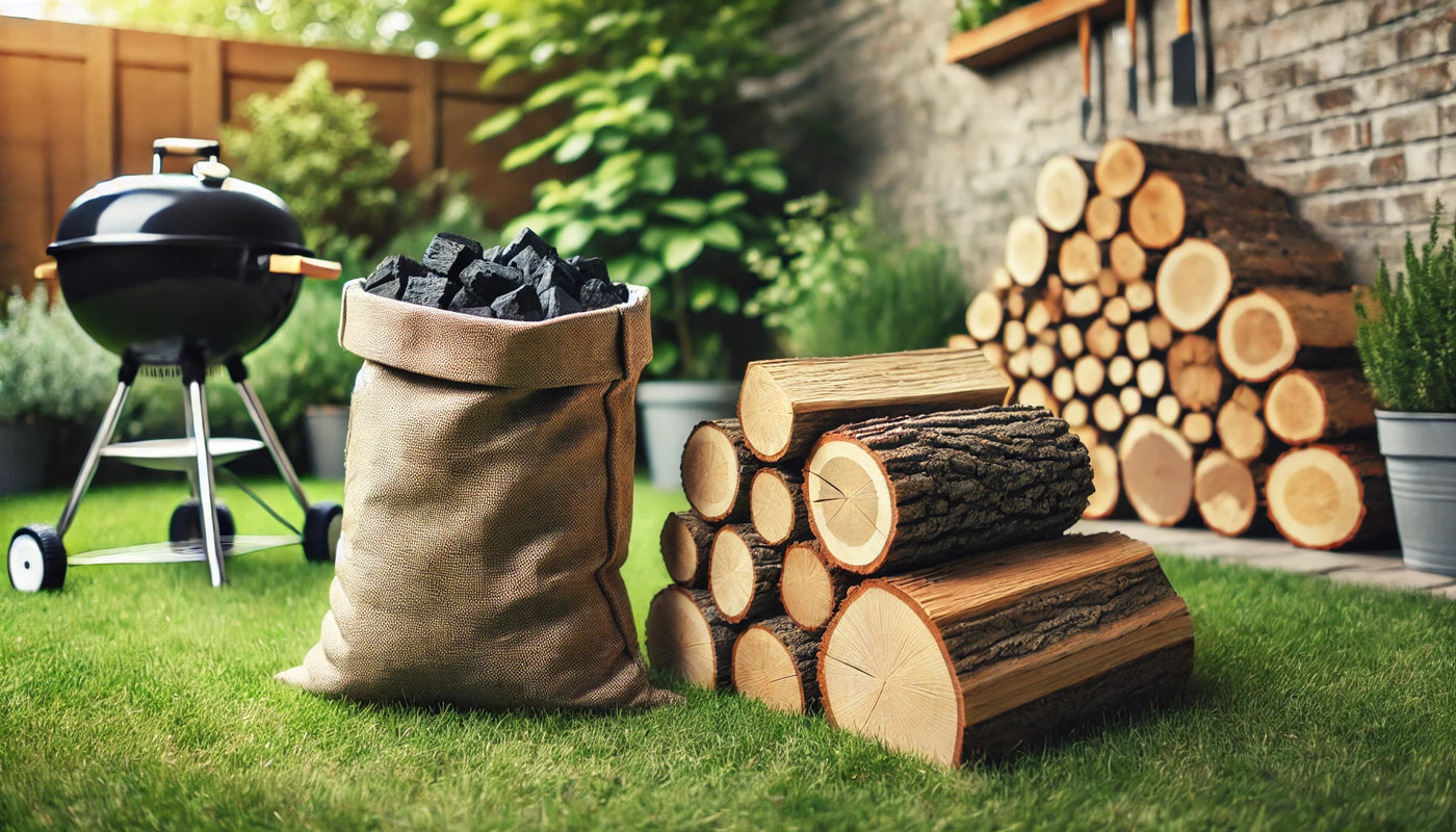 Close-up of burning wood in a charcoal grill with vibrant flames and glowing embers, ideal for achieving smoky, flavorful barbecue results.