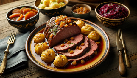 classic Sauerbraten, complete with traditional side dishes