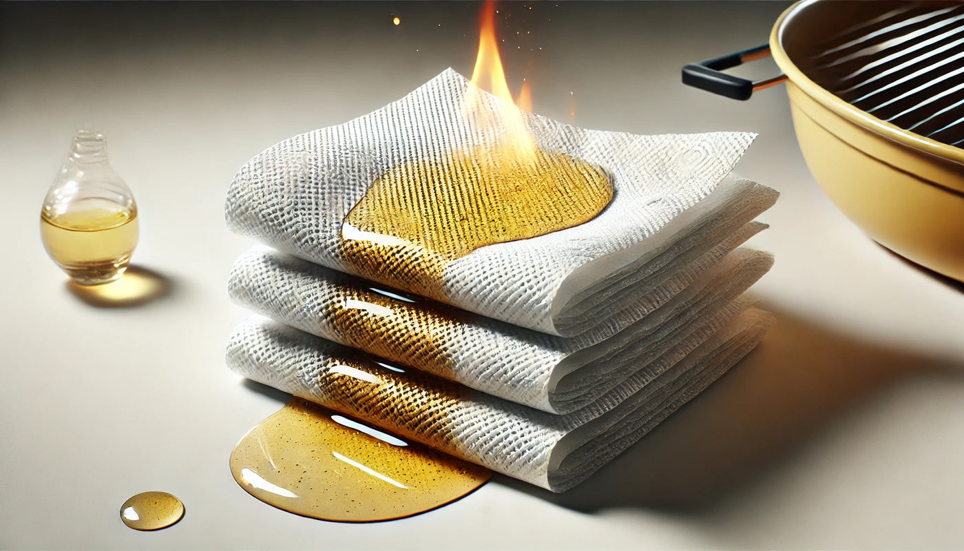 Three paper towels soaked with olive oil, laid flat on top of each other on a clean surface, showcasing an easy method for lighting a charcoal grill.