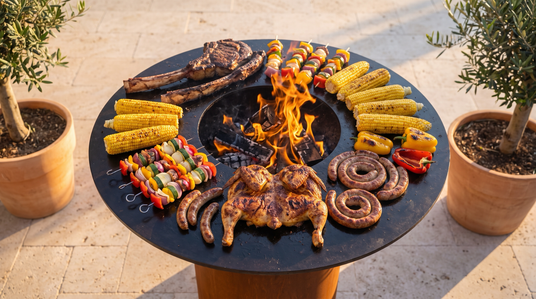 Overhead view of an Arteflame cooktop full of steaks, chicken, sausages, skewers and corn