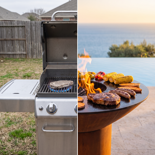 Gas grill with a single pale steak compared to a wood-fired Arteflame grill loaded with food