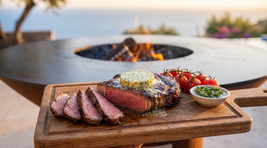 Juicy grilled ribeye with herb butter, sliced medium-rare, next to an Arteflame grill