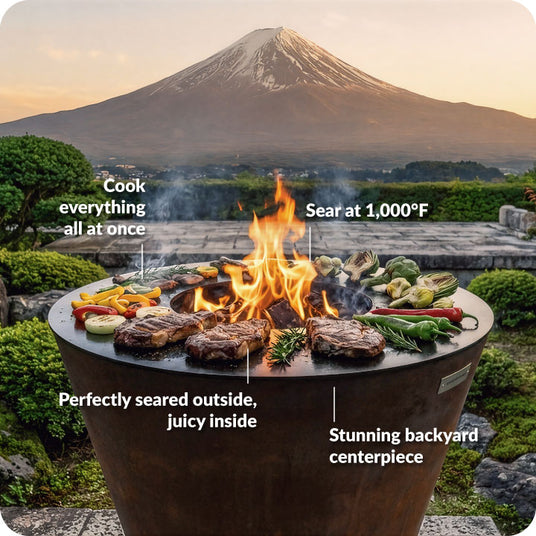 Outdoor grill with food being cooked against a scenic backdrop of Mount Fuji.
