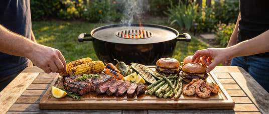 Board of sliced steak, burgers, shrimp, corn and grilled vegetables on a backyard table in front of a charcoal kettle grill with the Arteflame flat-top kit