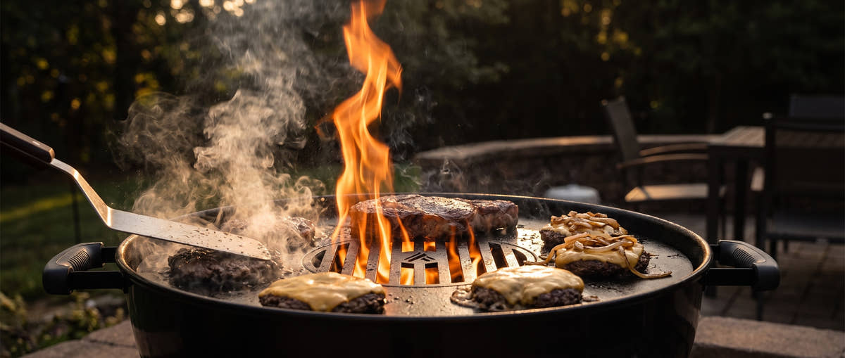 Ribeye searing over open flame on the Arteflame center grate while smash burgers sizzle on the griddle ring of a charcoal kettle grill at sunset
