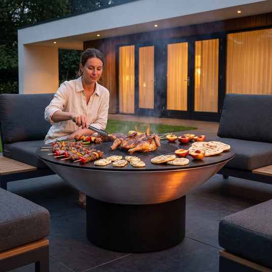 Spatchcocked chicken, skewers, halloumi and peaches on the Arteflame 40-inch Platinum Series stainless steel fire pit with cooktop on a modern terrace