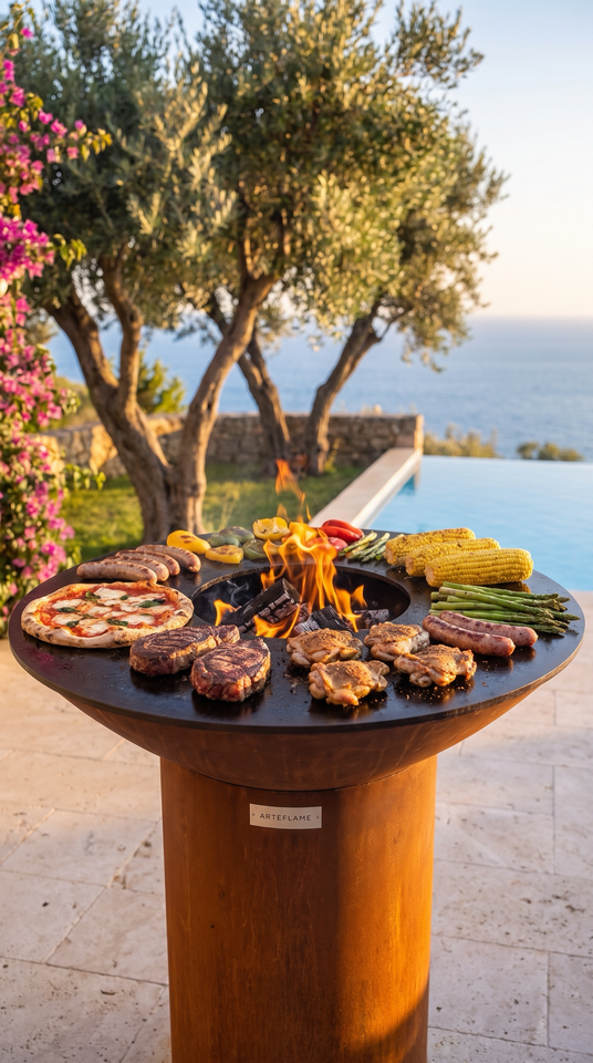 Arteflame grill loaded with pizza, steaks, chicken, sausages, corn and vegetables on a seaside terrace
