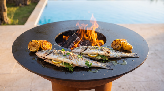 Whole grilled branzino with lemon and herbs on the Arteflame grill cooktop