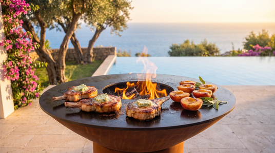 Bone-in pork chops with herb butter and caramelized peaches on the Arteflame grill