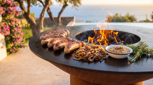 Bratwurst sausages with caramelized onions and mustard on the Arteflame grill