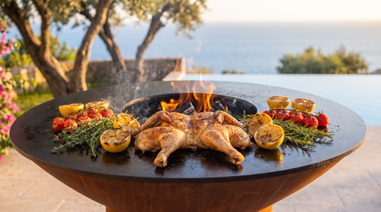 Spatchcocked chicken with charred lemons and cherry tomatoes on the Arteflame grill cooktop