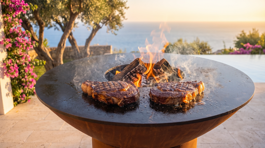 Two seared ribeye steaks on the Arteflame cooktop beside a live wood fire