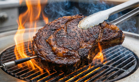 Steak being cooked on a grill with flames and tongs
