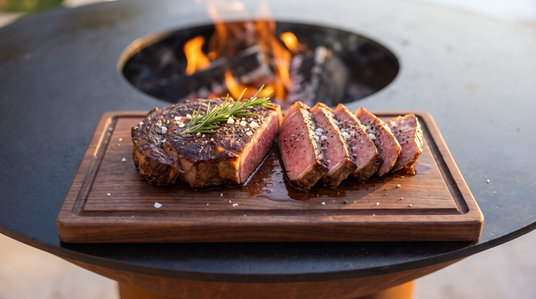 Sliced medium-rare ribeye on a cutting board on the Arteflame grill cooktop