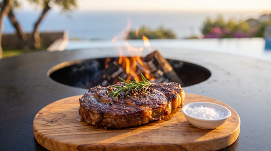 Perfectly seared ribeye with rosemary and peppercorns on an olive-wood board at the Arteflame grill