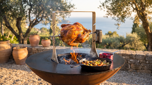 Golden turkey turning on the Arteflame rotisserie over a live wood fire
