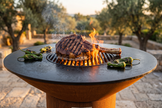 Bone-in cowboy ribeye searing on the Arteflame grill grate with flames