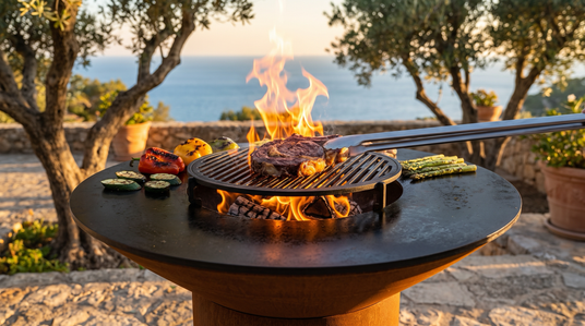 Ribeye searing on the Arteflame center grill grate over a live wood fire