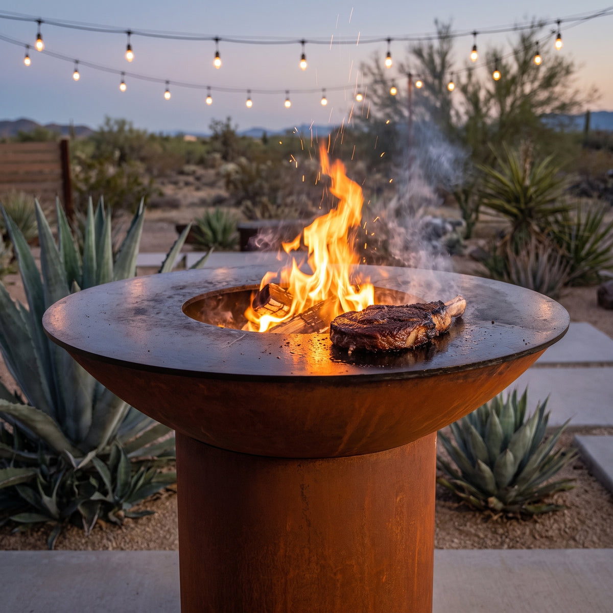 Ribeye searing at 1,000°F beside roaring flames on an Arteflame wood-fired flat-top grill with a round Corten steel base