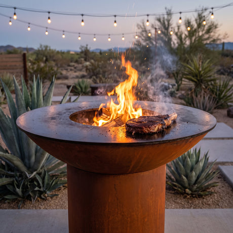Ribeye searing at 1,000°F beside roaring flames on an Arteflame wood-fired flat-top grill with a round Corten steel base