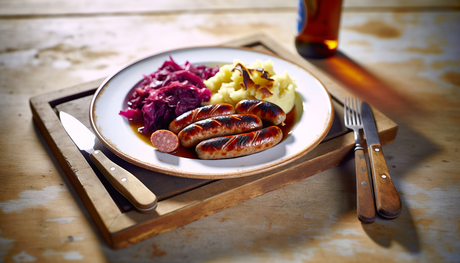 Authentic German Grilled Smoked Sausages with Red Cabbage