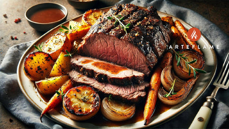 Grilled Roast Beef with Roasted Vegetables and Gravy