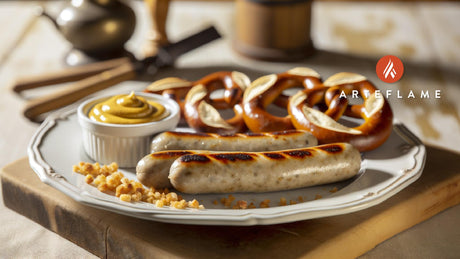 Grilled Weisswurst with Pretzel Bites and Sweet Mustard