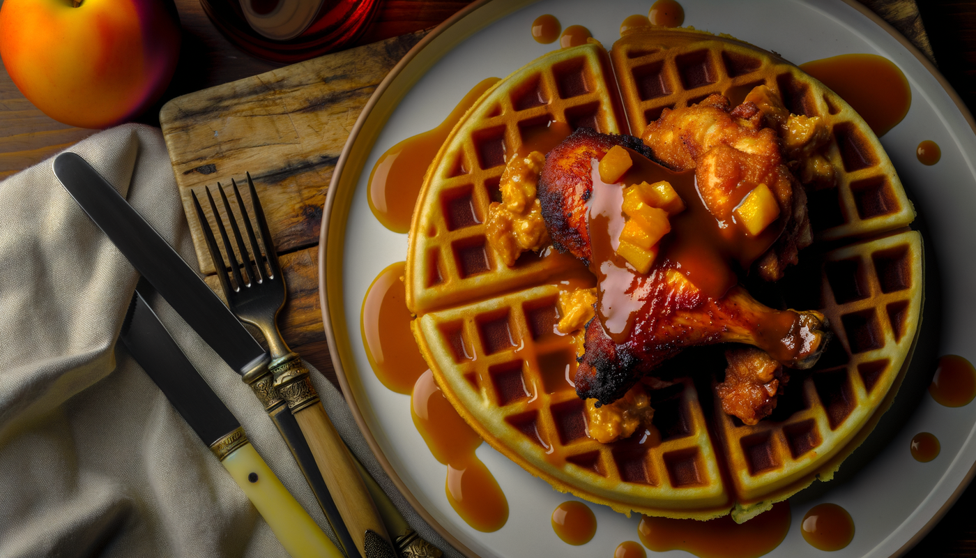 Georgia BBQ Chicken and Waffles with Peach Barbecue Drizzle