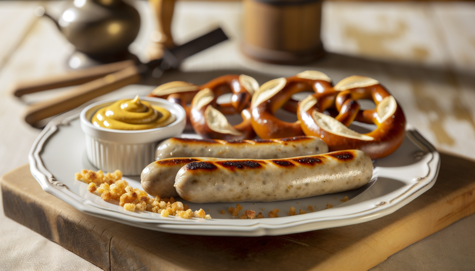 Grilled Weisswurst with Pretzel Bites and Sweet Mustard