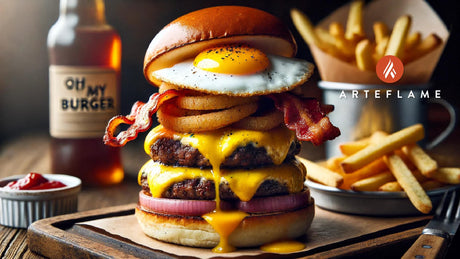 Grilled Oh My God Burger with Bacon, Egg, and Cheddar