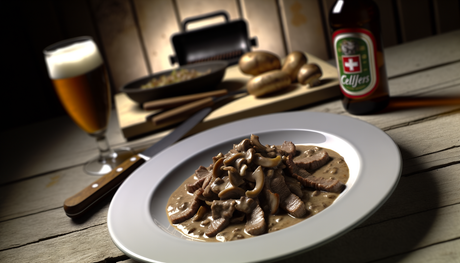 Grilled Swiss Züri Geschnetzeltes with Creamy Mushroom Sauce