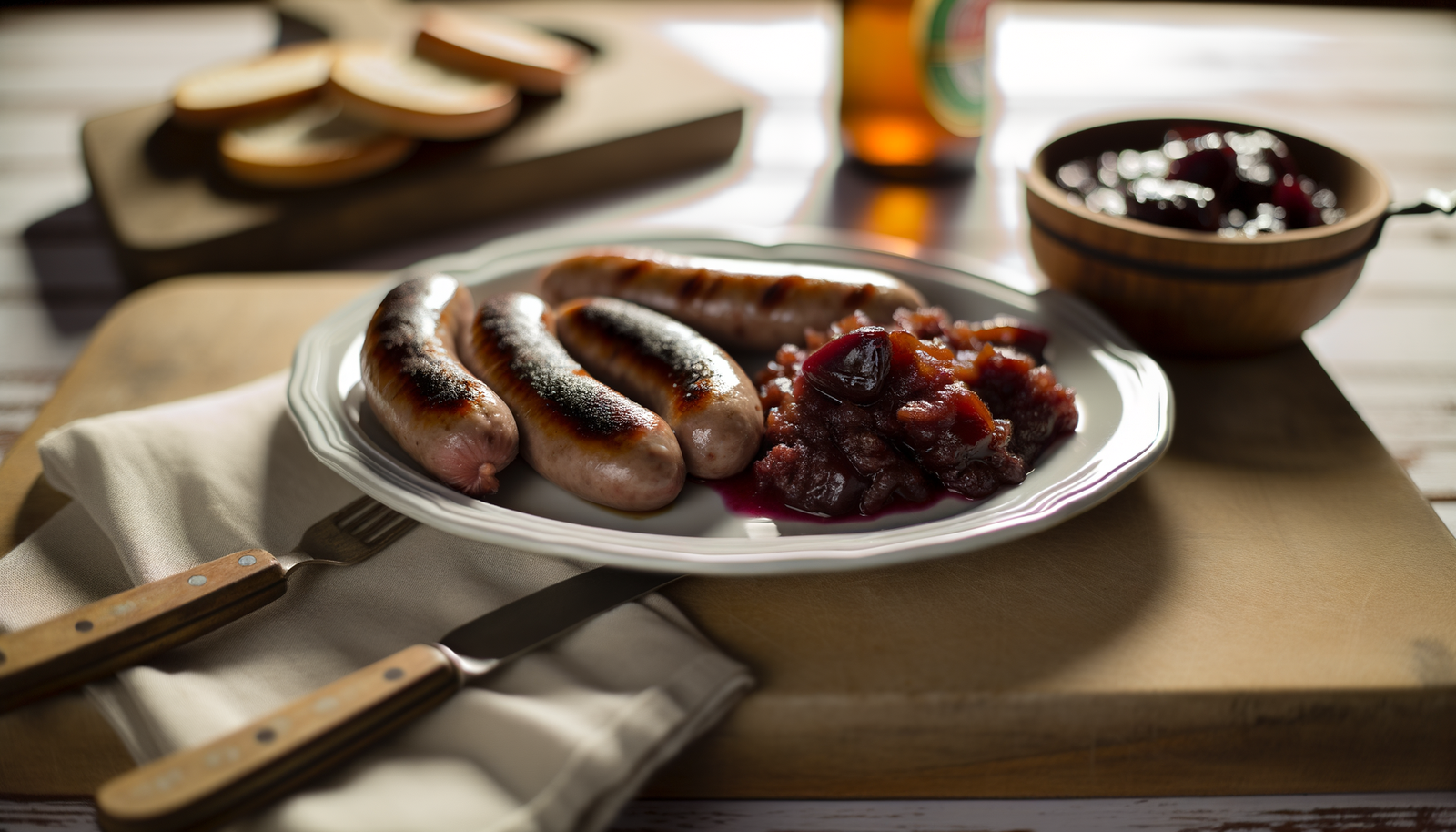 German Smoked Duck Sausages with Spiced Plum Compote