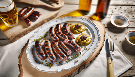 Grilled German Venison Sausages with Juniper Mustard