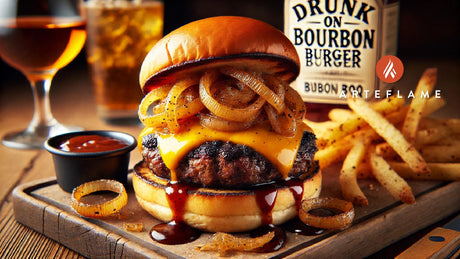 Grilled Drunk on Bourbon Burger with Cheddar and Bourbon Onions