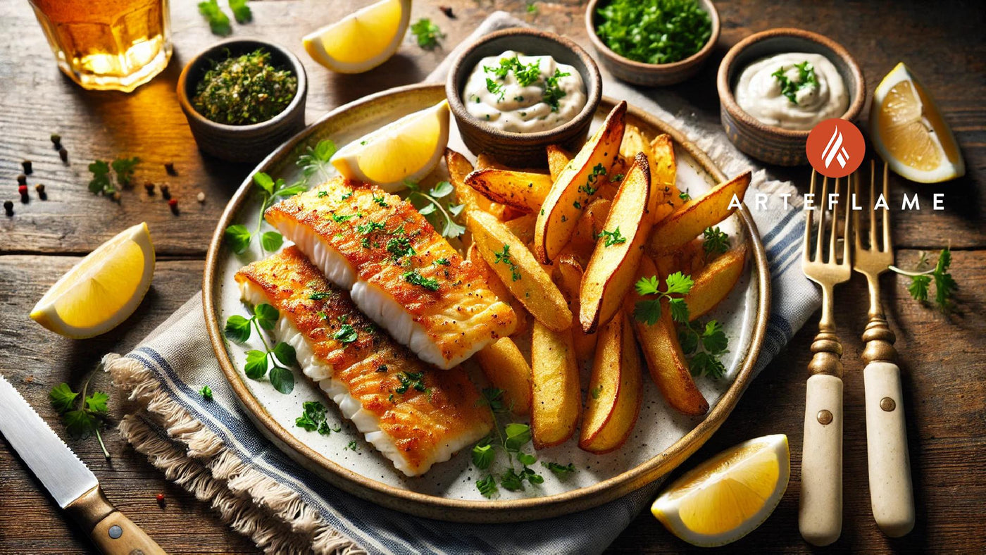 Grilled Fish and Chips with Tartar Sauce on the Arteflame