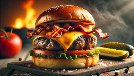 Perfectly seared American BBQ Bacon Cheeseburgers on Arteflame