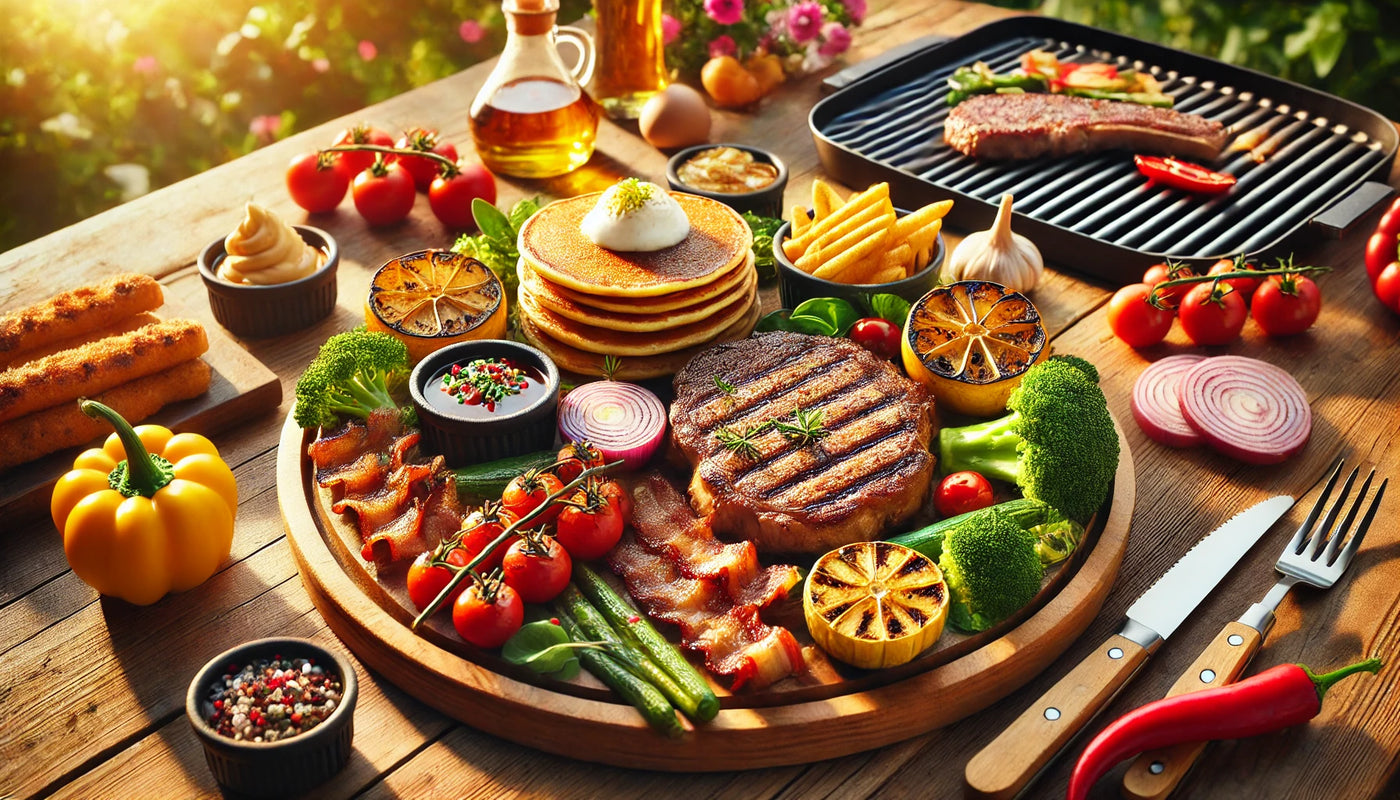 A serving platter filled with grilled steaks, golden pancakes, sautéed vegetables, and crispy bacon, demonstrating the versatility of BBQ grill and griddle cooking.