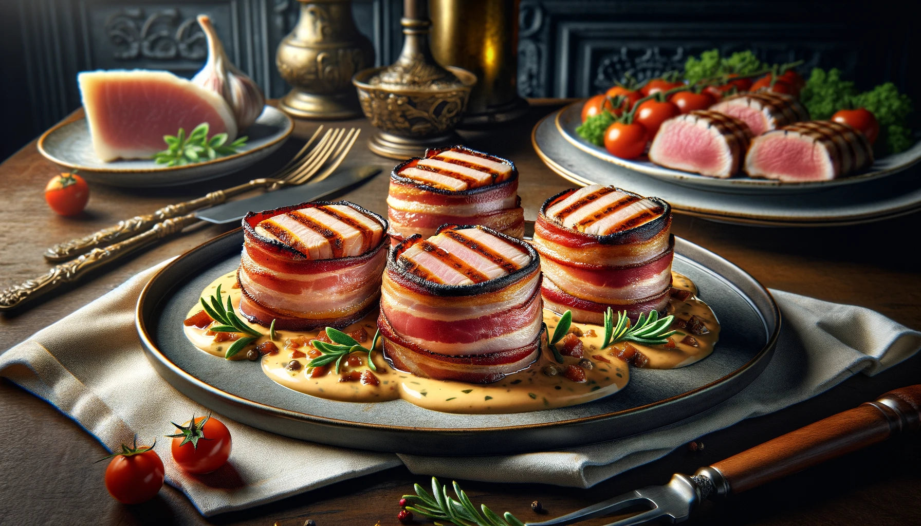 Best Steven Raichlen Bacon-Wrapped Albacore Tuna “Filet Mignons” with Peppercorn Cream Sauce