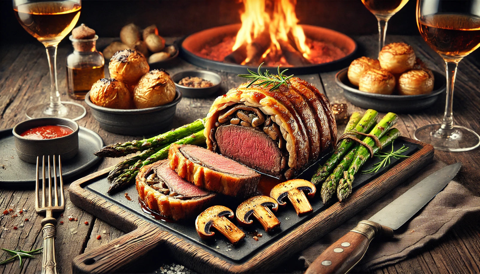 Beef Wellington, showcasing its perfectly seared beef tenderloin, mushroom duxelles, and golden puff pastry