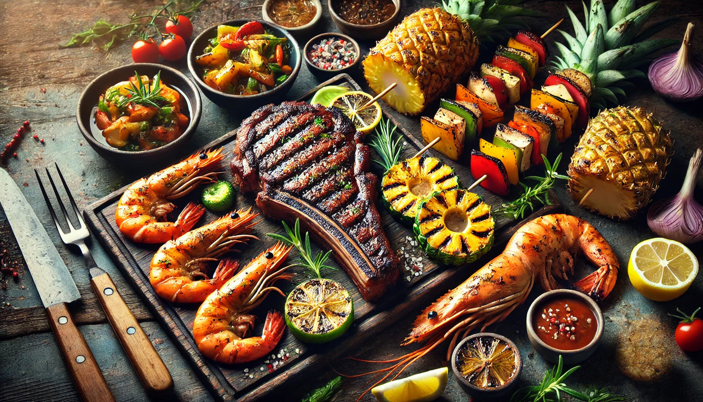 A vibrant assortment of grilled dishes including a seared ribeye steak, grilled shrimp, vegetable skewers, and caramelized pineapple slices, garnished with fresh herbs and lemon wedges.