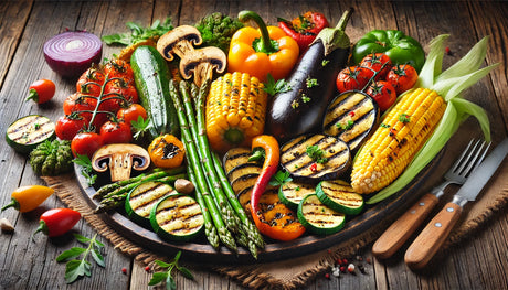 An assortment of grilled vegetables including zucchini, bell peppers, asparagus, mushrooms, eggplant, and corn with smoky char marks, garnished with fresh herbs.