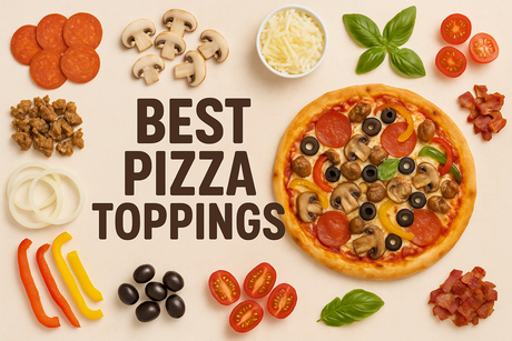 Pizza with top 10 toppings: pepperoni, sausage, mushrooms, peppers, olives, bacon, basil.