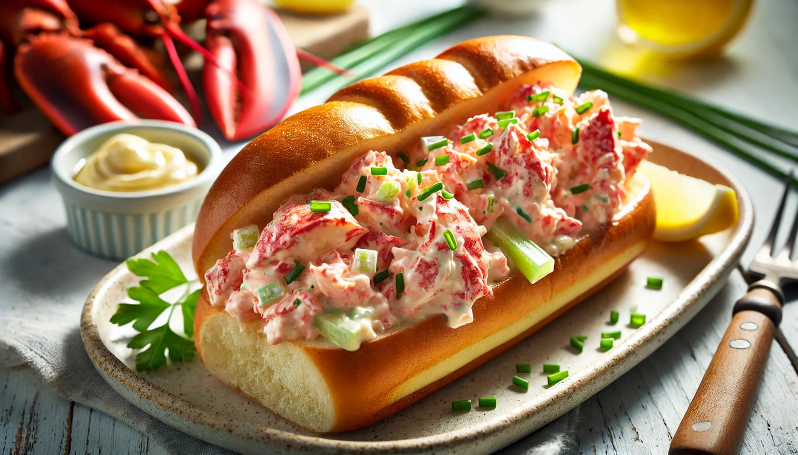 A close-up of a classic lobster roll with creamy lobster meat, herbs, and a golden toasted split-top roll, garnished with lemon and fresh chives.