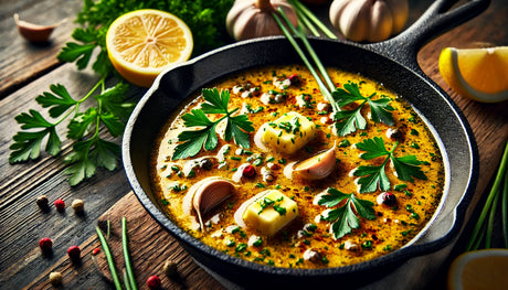 A cast-iron skillet filled with rich, golden Cowboy Butter, garnished with fresh herbs and lemon slices. The butter is infused with garlic, herbs, and spices, creating a vibrant and flavorful sauce, perfect for drizzling over grilled dishes.