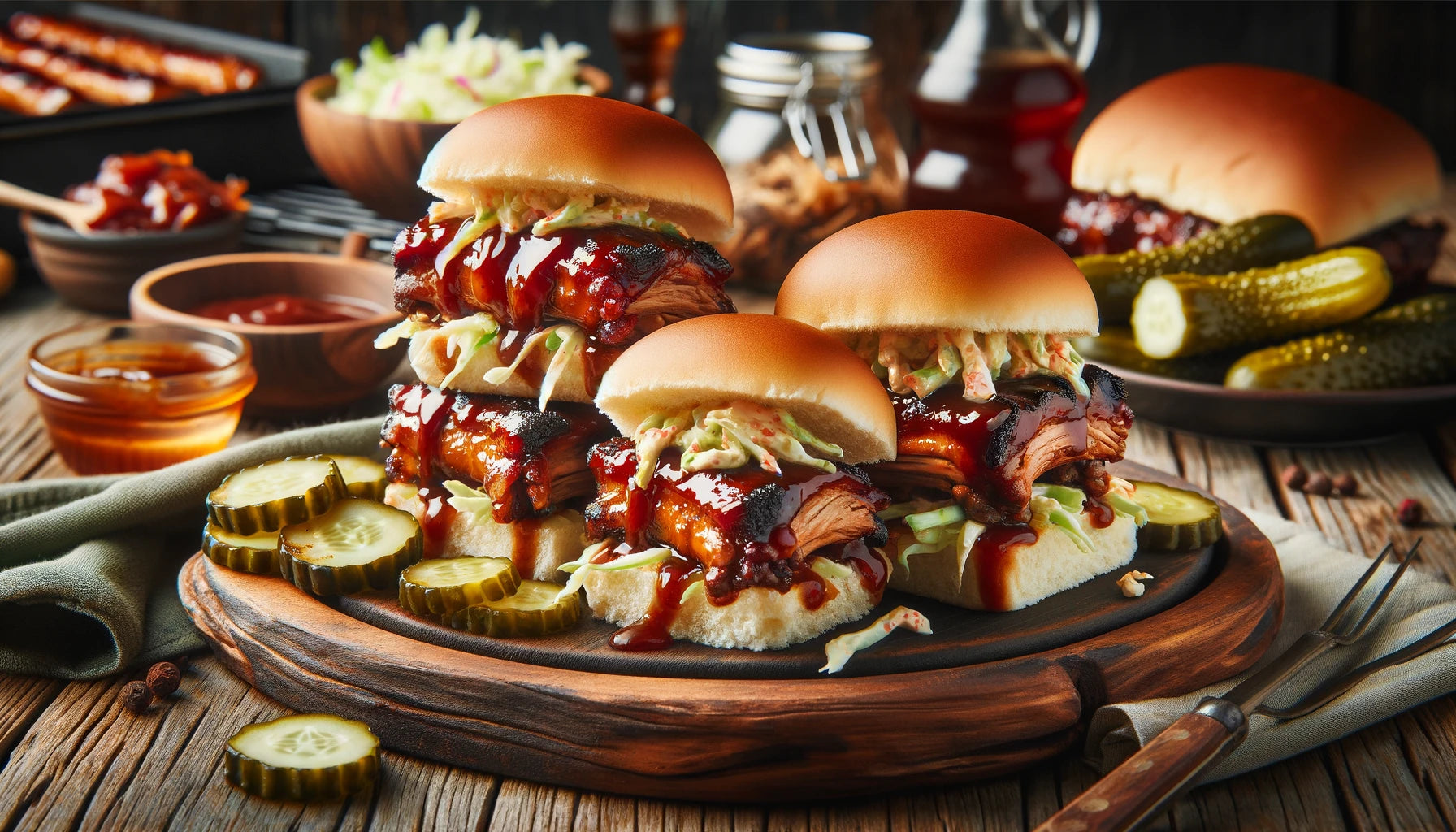 DIY McRib-Style Pork Sliders, featuring tender, juicy pork smothered in sweet BBQ sauce, nestled in slider buns and topped with coleslaw and pickles