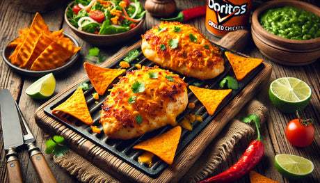 Dorito Powder-Crusted Grilled Chicken, highlighting the vibrant and flavorful Dorito coating